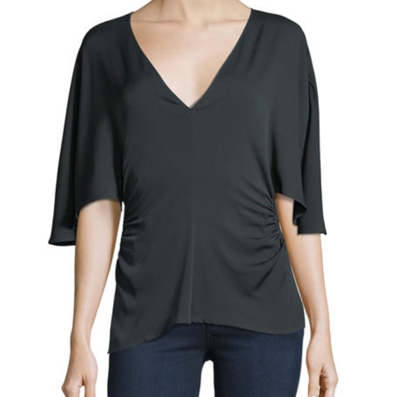 Halston Flounce-Sleeve V-Neck Silk-Blend Top - Picture 1 of 4